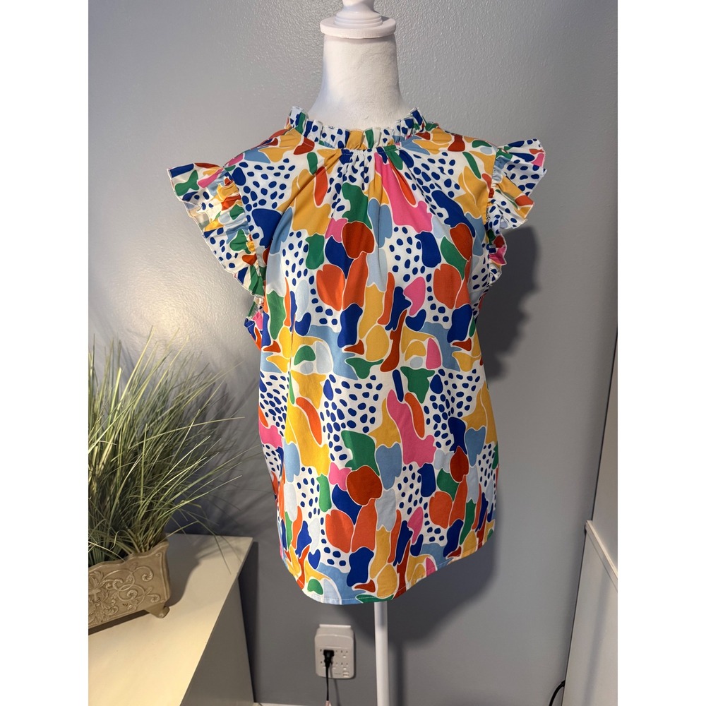 Emery Rose Women Large Abstract Print Ruffle Sleeve Mock Neck Blouse Multi-Color